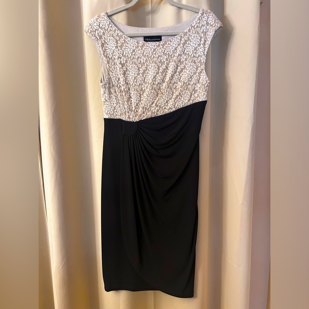 Beige floral top/bottom beautiful stretchy black skirt DRESS. Length 41”